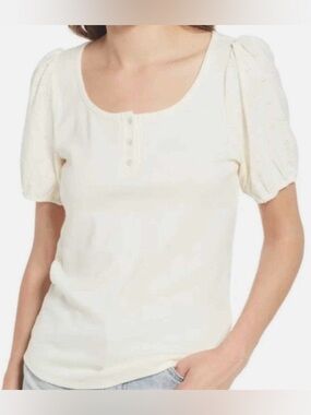 NWOT Madewell Women's Cream Puff-Sleeve Floral Eyelet Cotton Henley Top